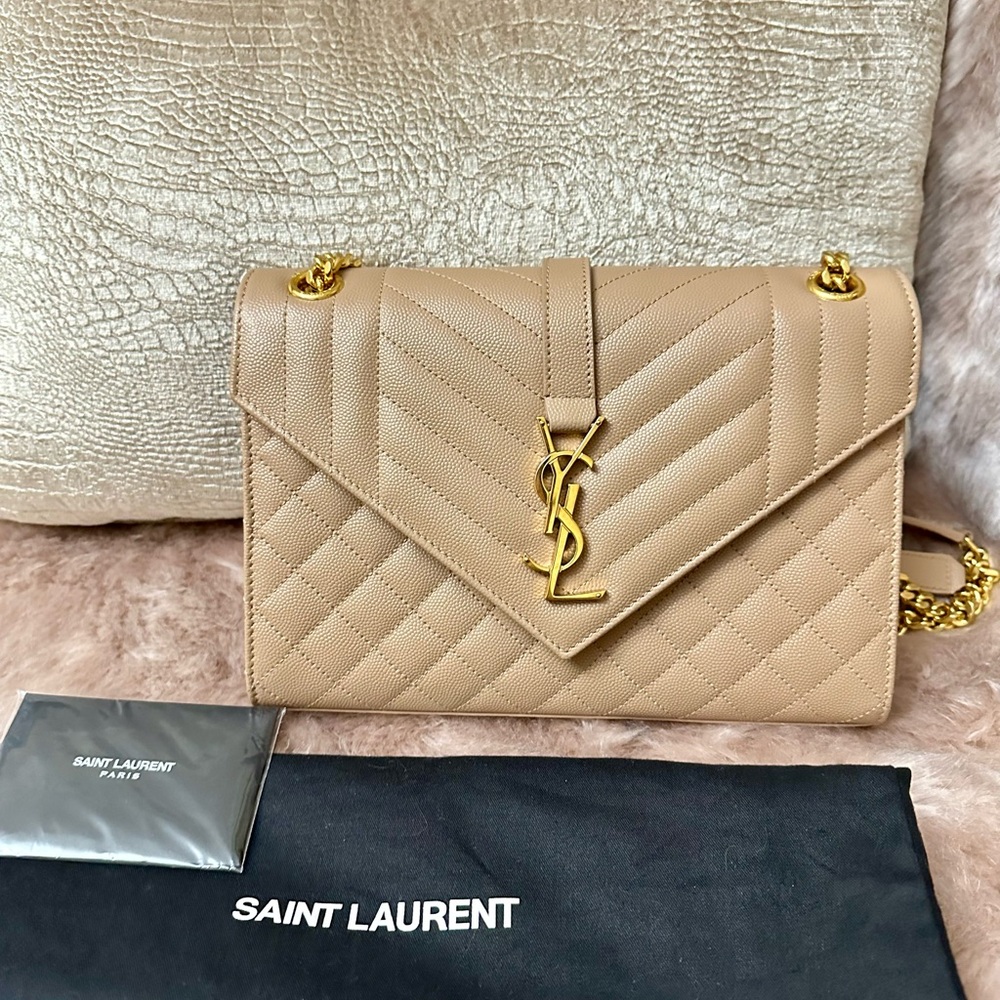Yves Saint Laurent Envelope Medium Beige Tan Triquilt Shoulder Bag